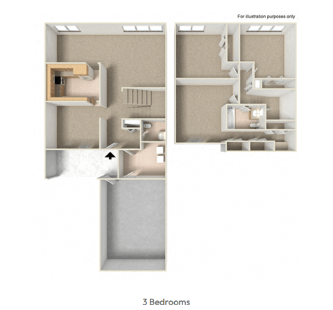 A diagram of a 3 bedroom apartment is shown.